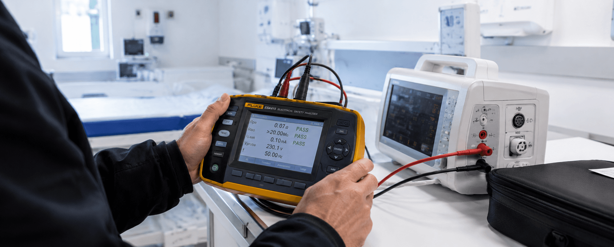 Sicherheitsprüfung eines Patientenmonitors mit einem Fluke ESA615 Electrical Safety Analyzer im Krankenzimmer